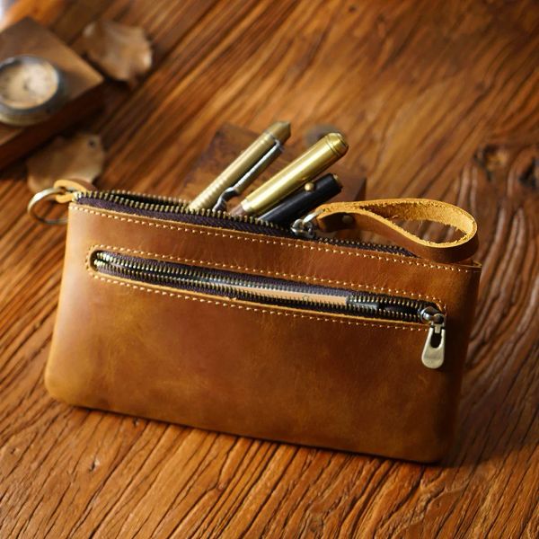 Bolsas de caneta com zíper de couro genuíno bolsa de lápis de grande capacidade com bolso zípe