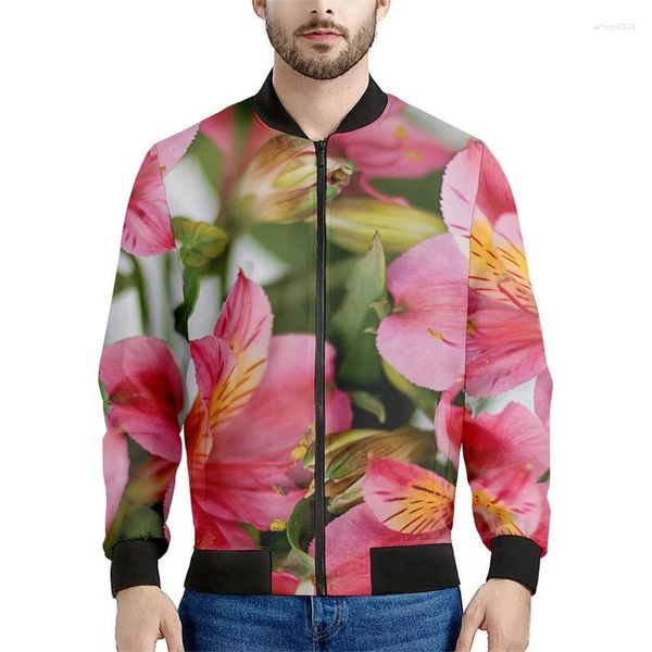 Jaquetas masculinas Alstroemeria Padrão de flores Zipper Men 3D Impresso Sorto étnico Rua casual de manga longa Zip de bombardeiro