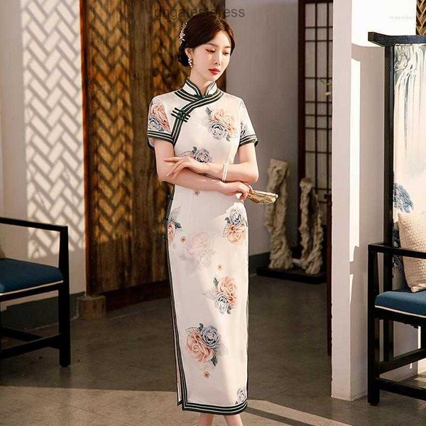 Ethnische Kleidung Yourqipao Sommer 2023 Beige Maxi Cheongsam Slit Elegant Fashion Vintage Qipao Chinese Traditionelle Style -Abendkleid für