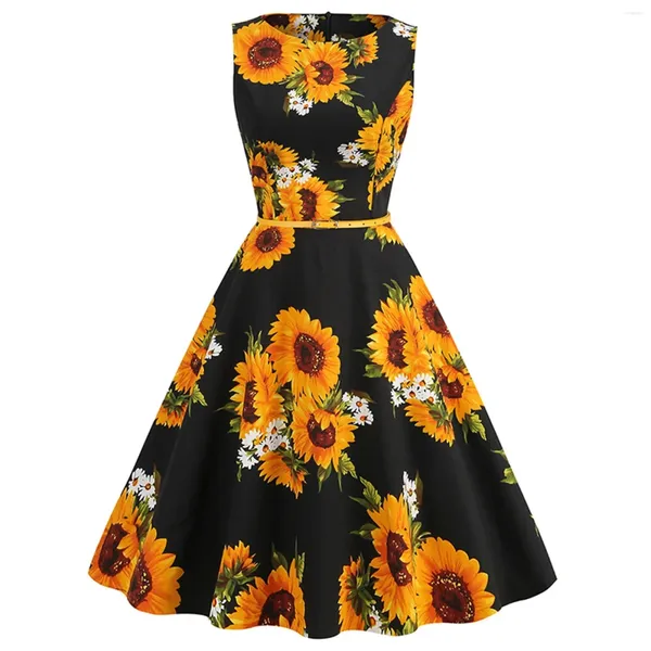 Abiti casual Elegante stampa floreale da donna Abito da festa per banchetti con cintura Vintage Epburn Swing Moms Wedding