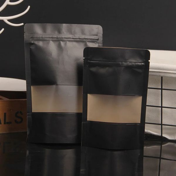 Черные пакеты из крафт-бумаги с застежкой-молнией и окошком, закрывающиеся пакеты для печенья, кофейных зерен, закуски, упаковочные пакеты из крафт-бумаги 240322