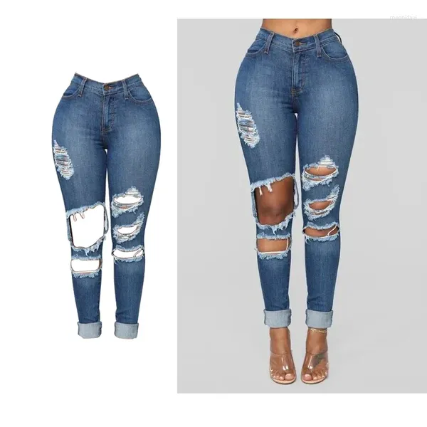 Os jeans femininos rasgaram nove pontos de cintura alta e elástica elástica petite primavera verão e calça lápis de outono