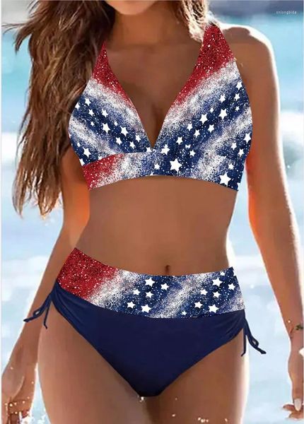 Damen-Bademode 2024 Badeanzug mit USA-Flagge, glitzernder rosafarbener Aufdruck, Kordelzug, geteilter Bikini