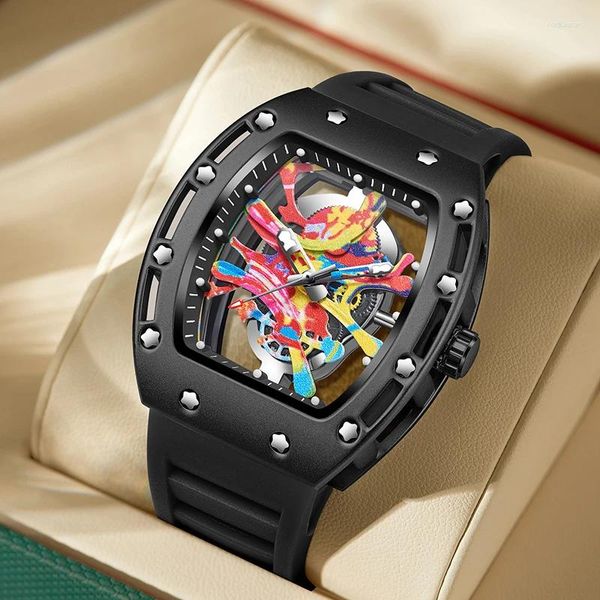 Principais relógios de punho Moda colorida Men Wrist Watches Sport Silicone Tonneau Organizador Classic Black Classic para Reloj Hombre