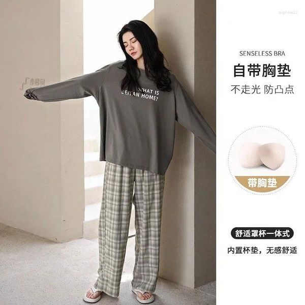 Heimkleidung mit Brustpads Pyjama Set Frauen Frühling und Herbst Koreanische Buchstaben gedruckt Baumwolle langärmelte elegante elegante Nachtwäsche Homewear