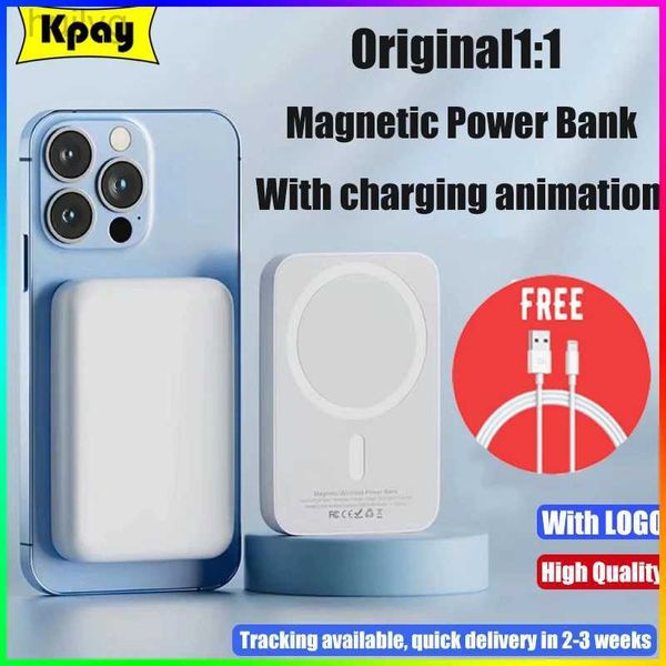 Bancos de energia do telefone celular Original 1 1 MacSafe PowerBank Magnetic Wireless Power Bank para iPhone 15 14 13 12 Pro externo de bateria de backup de backup 2443