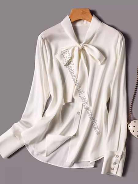 Бренд с твердым цветом шелковая шелковая шелковая блуза Женская осень высококлассная шнурка с длинным рукавом атласный лук-блузка самка