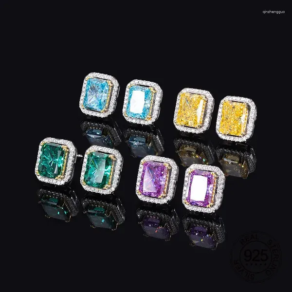 Orecchini per borchie Forma del rettangolo Giallo Blu Verro Viola Coppa Tagliata Carbon Diamond 5A Zircone 925 Sterling Silver