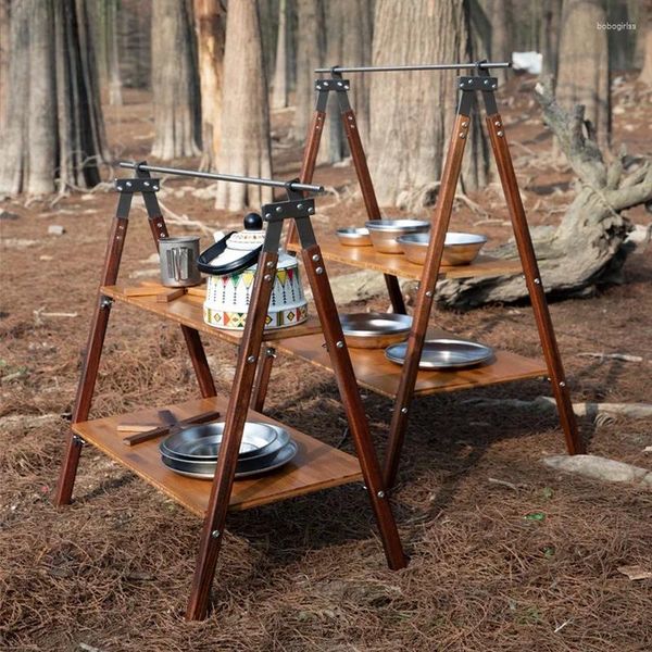 Küche Aufbewahrung Outdoor 2 Schicht tragbares faltbares Multi-Layer-Regal Camping Picknick Klapptisch Wanderbambus Werkzeugregal Rack