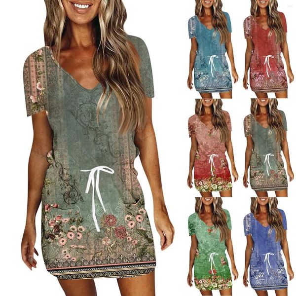 Vestidos casuais de verão feminino Moda impressa Drawstring v pesco