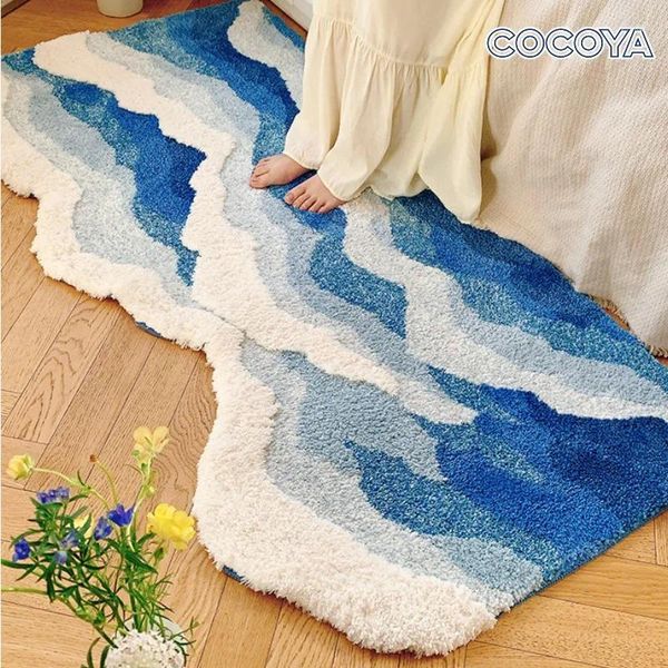 Tapetes 3d Blue Sea Wave Carpet Flocked macio macio tufado quarto de cabeceira tapetes de área decoração não deslizamento absorvente