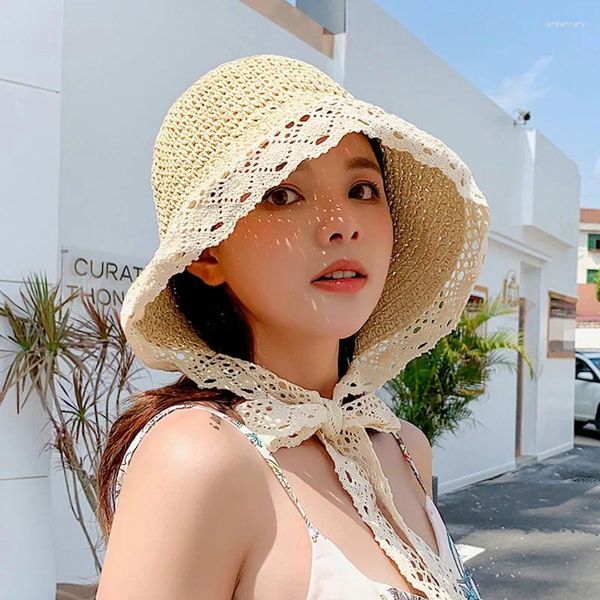 Geniş Memlu Şapkalar Kadınlar İçin Yaz Güneş Hat Plajı Dantel Şerit Tatil Saman Kağıt Lady Açık Seyahat Kepi Kova Katlanabilir