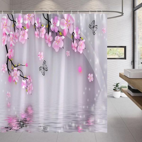 Tende da doccia Fiori rosa Tenda a farfalla Tessuto antico Decorazioni per il bagno di casa Set di accessori sospesi per il bagno