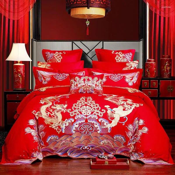 Defina a cama Luxury Golden Loong Phoenix Princesa Conjunto de casamento chinês Red Egypt Cotton Duvet Capa de capa de capa de cama