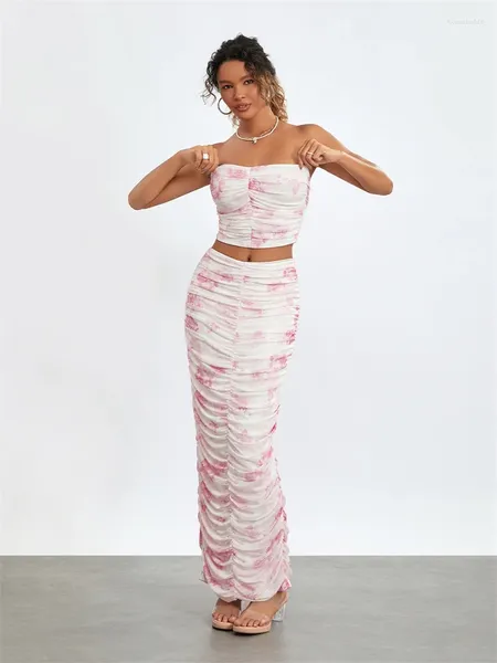 Çalışma Elbiseleri Kadın 2 Parça Etek Setleri Söğretsiz Bandeau Tüp Üstleri Derslı Uzun Etekler Floral Retro Bohem Sokak Giyin