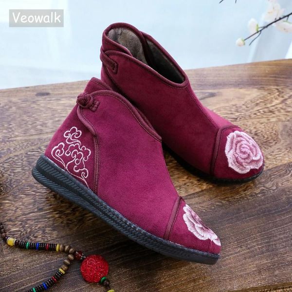 Botas Veowalk Inverno Mulheres Algodão Tecido Quente Fleece Forrado Tornozelo Não-Slip Bordado Botas Curtas Conforto Sapatos Preto Borgonha