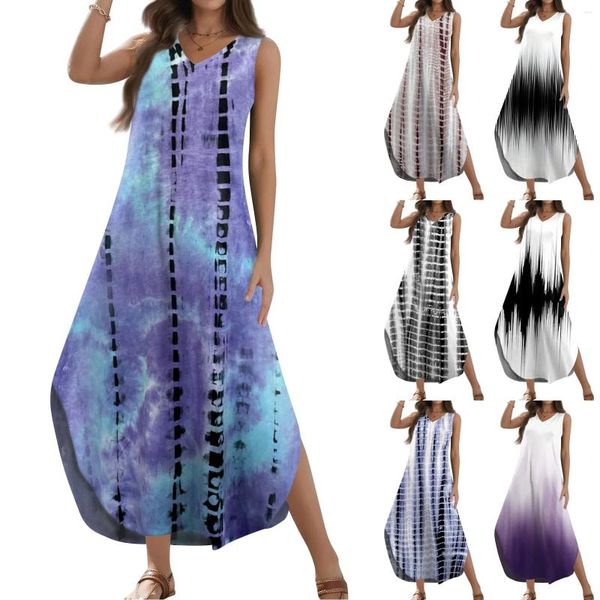 Vestidos casuais vestido de verão feminino 2024 solto lixo de verão longa e impressa sem mangas V camisa dividida de pescoço maxi vestidos largos