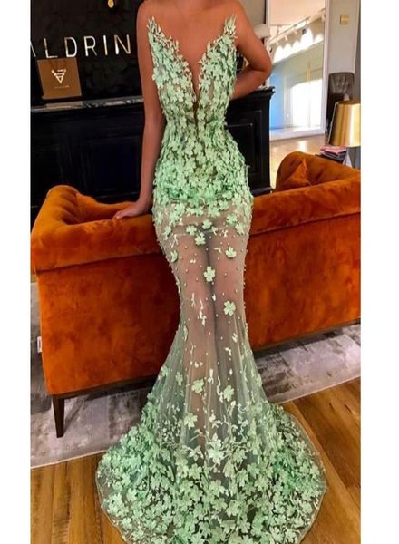 Veja através do vestido de baile de sereia com apliques florais 3D jóias de jóia de jóia sem mangas tule tule piso vestido de festa celebridade uni9112882