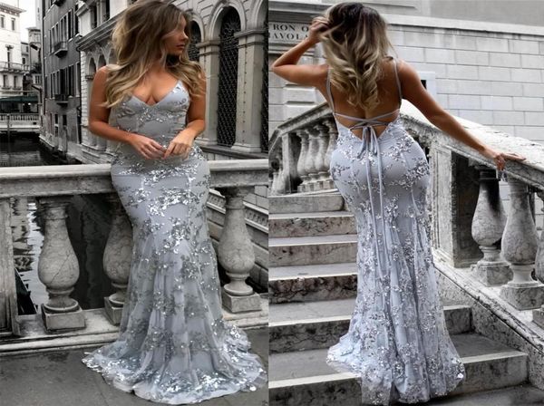 Vestidos de baile de lantejoulas de prata 2019 Sereia sexy Deep V pescoço traseiro sem costas Vestido de celebridade Party Red Carpet Dress 4908234