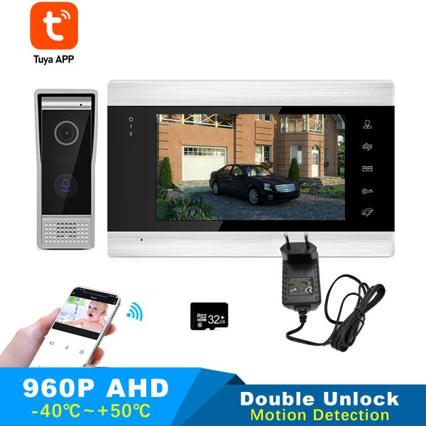 Türklingel Tuya 7 Zoll Wireless WiFi Smart IP -Videotor -Telefon -Intercom -System mit 1x1200TVL 720p AHD Wired Doorbell Camera Remote Unlock