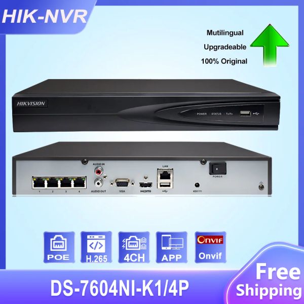 REGORDER HIKVISION ORIGINAL 4CH POE INCEDIDO PLAGO PLAY 4K POE NVR DS7604NIK1/4P para câmera IP CCTV System Atualizável HDD selecionável.