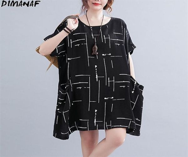 Sommer Plus -Größe Frauen Kleider Bat Leinen gestreifte Drucktes -Shirt Female Lose Tops Tunika Taschen Übergröße 4xl 2105311098752