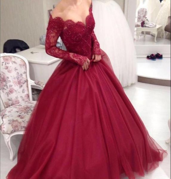 Pizzo fuori spalla abito da ballo perline maniche lunghe con cerniera lunga con cerniera roda tutu in tulle abito da festa graziose donne a buon mercato sweep train evenin5195635