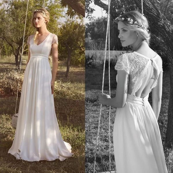 Kleider Rembo Styling 2019 Strand Chiffon Brautkleider gegen Nacken Kurzarm Spitze Applikat Brautkleider Vintage Hollow Rücken Hochzeitskleid