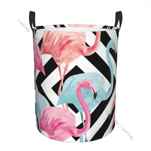 Bolsas de lavanderia cesto redondo roupas sujas armazenamento de roupas dobráveis verão rosa e azul flamingo geométrico Organizador de cesto impermeável