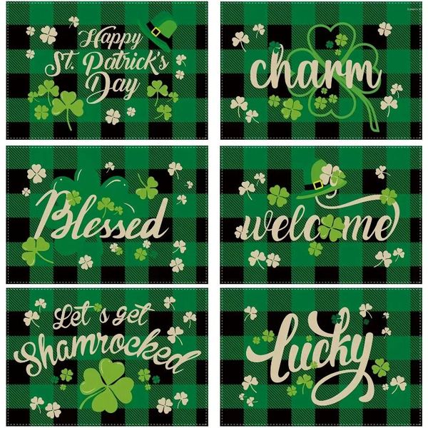 Masa Bezi 1 PCS St. Patrick Günü Keten Placemat Tatil Dekor Yeşil Dört Yapraklı Yonca Desenli Peçeteler