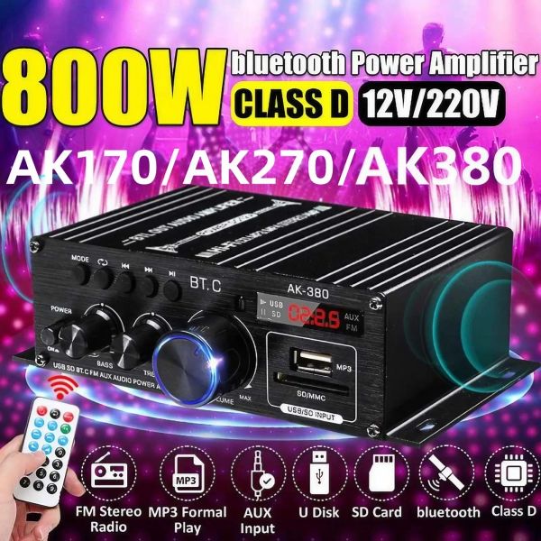 Amplifikatör AK35/170/270/370/380 Ses Amplifikatörleri 2 Kanal Bluetooth 5.0 Surround FM USB Uzaktan Tapan Hifi Dijital Amplifikatör Stereo