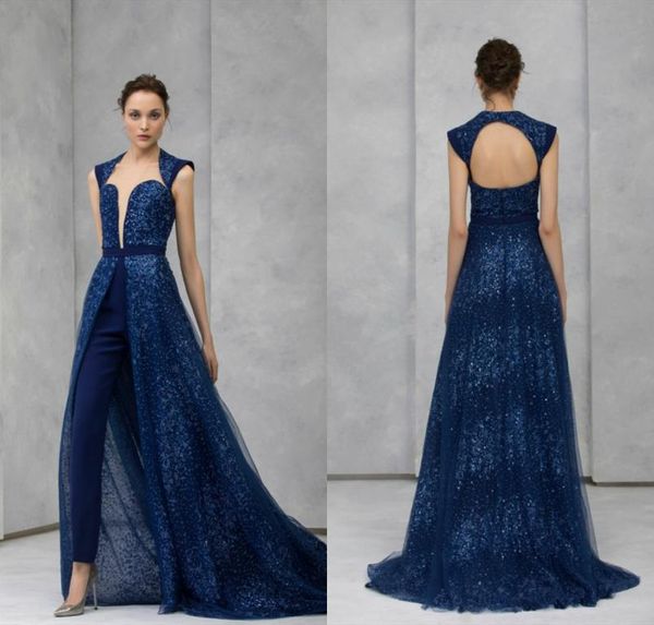 2020 Navy Evening Jumpsuit mit abnehmbarem Rock Spitze Paillett Perlen Hochkragen Prom Kleid Tony Ward Formal Partykleider Hosen SU2081624