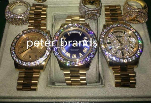 Alto de alta qualidade Luxo 43mm Gold Big Diamond Mechanical Man Watch Diamond Blue Gold Dial Gold Dial