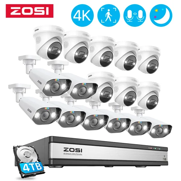 Sistem ZOSI 4K Güvenlik Kamera Sistemi 16CH 8MP HD POE NVR Kit CCTV 2 YOL SES AI YÜZÜ ALLAŞMA DIŞ GİDER VİDEO Gözetim IP Kamera Seti