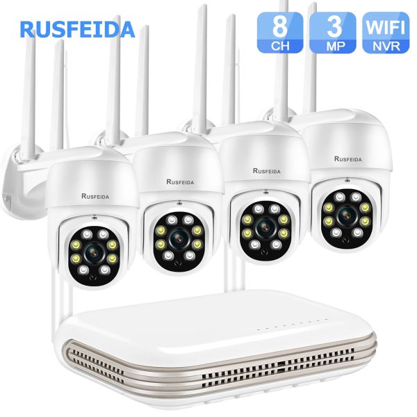 System Rusfeida 3MP PTZ CCTV -Kamera 8CH NVR Wireless Sicherheitssystem Outdoor Audio P2P H.265 wasserdichte Überwachung IP WiFi Camera Kit