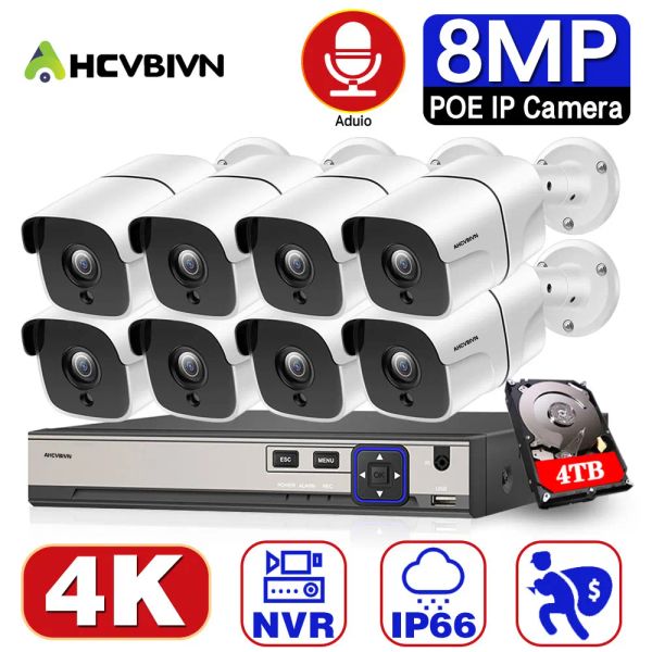 Sistema 4K Ultra HD 8MP Poe NVR Kit Street Home CCTV Audio Record Sistema de segurança Sistema de segurança IP Câmera de videocamera de vídeo ao ar livre Conjunto de câmeras