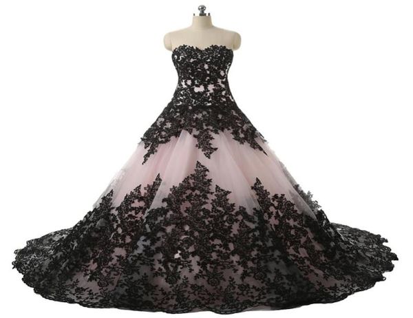 Errötend rosa schwarzes gotisches Kugelkleid Brautkleider Schatz Spitze Applikationen Vintage Brautkleider nicht weiße Hochzeit farbig1905309