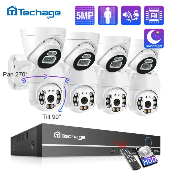 Sistema Techage 8CH 5MP Video Sicurezza Video Sorveglianza Videocamera Sistema KIT POE NVR Rilevamento Dome Dome Audio Two Way Night Color Night