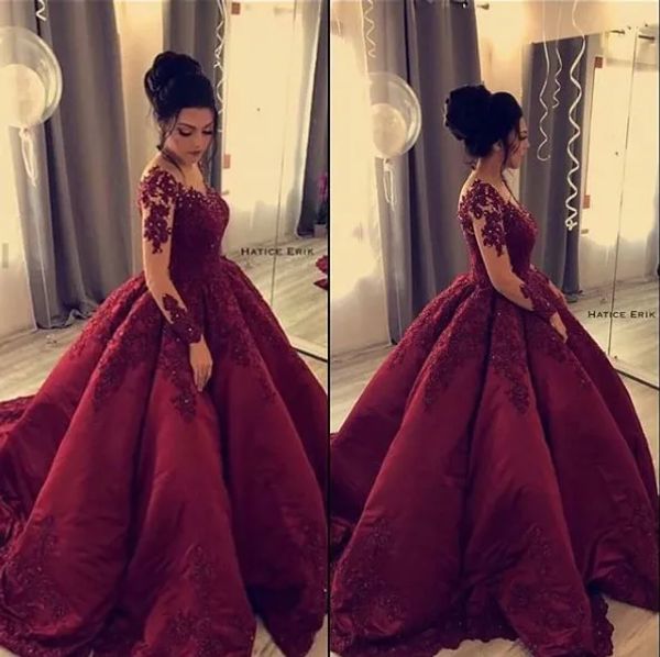 Kleider Burgund Spitze Perlen Arabisch Abendkleider Langarmes Ballkleid Satin Abschlussball Kleider Vintage Elegante formelle Party Brautjungfernkleid