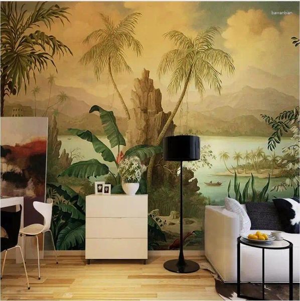 Sfondi personalizzati 3d wallpaper art muro murale in stile europeo dipinto olio paesaggio retrò dipinto di foresta pluviale tropicale banana cocco