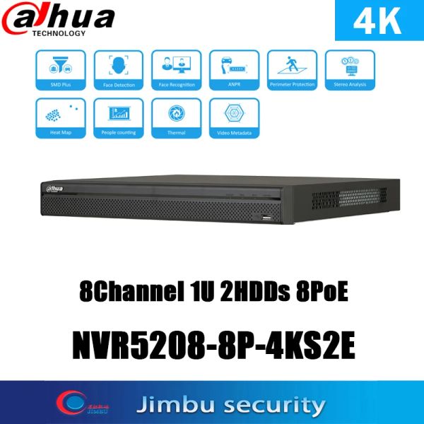 Регистратор Dahua NVR 8CH 4K NVR52088P4KS2E 8POE P2P 4K SMART H.265 AI Szukaj Wykrywanie Twarzy Wideo Cctv nadzoru rejestrator