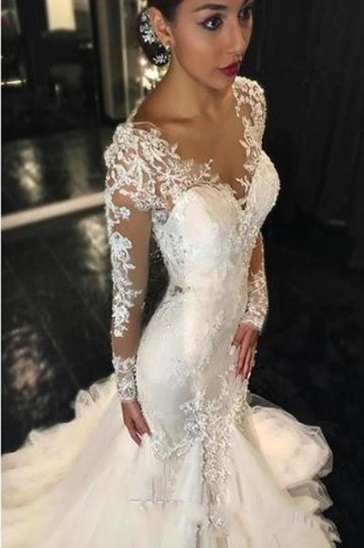 2019 novo lindos vestidos de noiva de sereia de renda dubai estilo árabe arábica petite mangas longas slin slin rabo de noiva P5589130