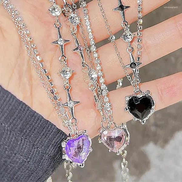 Подвесные ожерелья изысканный Y2K Purple Crystal Crystal Heart Щешке -циркон Звездный конец женщины Черные девушки крутые цепи клавиля
