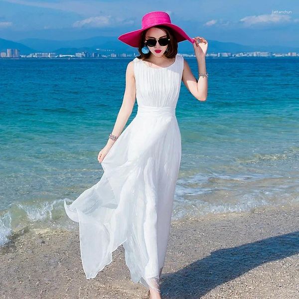 Vestidos casuais moda seda verão para mulheres 2024 vestido maxi branco feminino praia feminina elegante túnica sem mangas femme pph4997