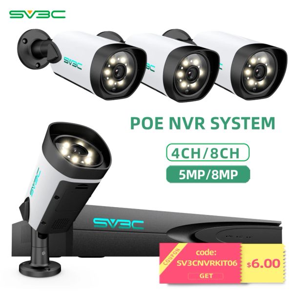 Sistema SV3C 4K Câmera de segurança Sistema 4/8 PCs com fio de 5mp 8mp Câmera IP Poe IP com detecção de pessoa NVR 24H Gravação CCTV