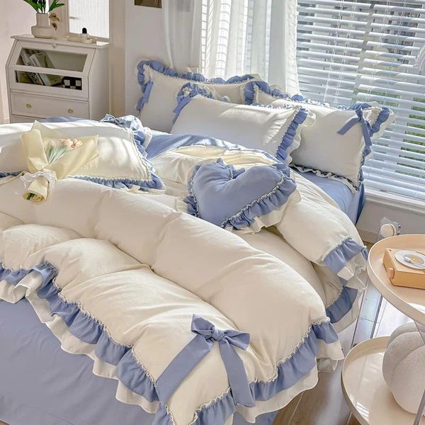 Bedding Sets Romantic Lace Set Girls Washed Cotton Ruffle Toupet Lenging Lençóis e travesseiros luxuosos de consolador