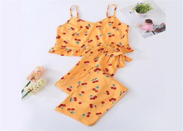 Niedliche Frauen -Pyjamas -Sets orange Farbe mit süßem Kirschdruckkausalpyjama -Sets Mode Softy Pyjamas für Damen Y2007086810952