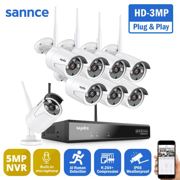 Sistema Sance 8CH sem fio NVR CCTV Sistema 8pcs 3MP Câmera IP Wi -Fi Gravação de áudio Ir Night Vison Home Security Camera Surveillance Kit