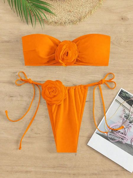 Biquíni Mulheres Mulheres 3D Designer de Flores Bikinis Sets Women Women Solid Orange Bandeau Push Up Beach Bathing Suit Thong Swimwear 240327