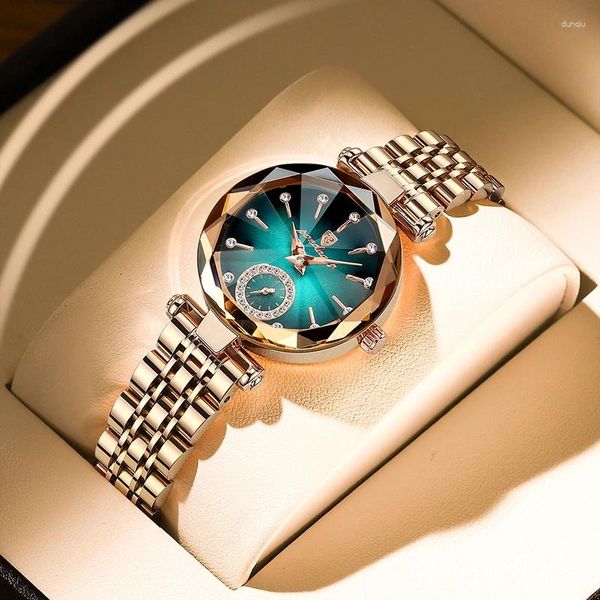 Armbanduhr 2024 Brand Frauen Uhren Fashion Square Ladies Quarz Uhren Armband Set Grüne Zifferblatt Einfacher Roségold -Netz Luxus